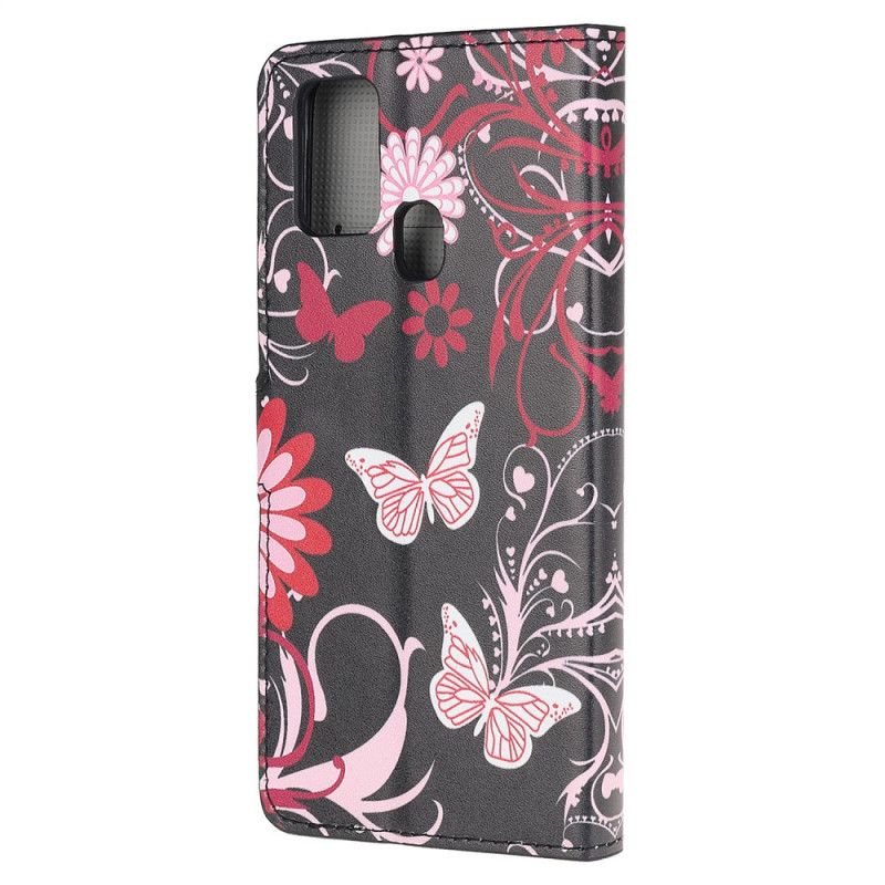 Flip Cover Læder Samsung Galaxy M31 Sort Sommerfugle Og Blomster Beskyttelse