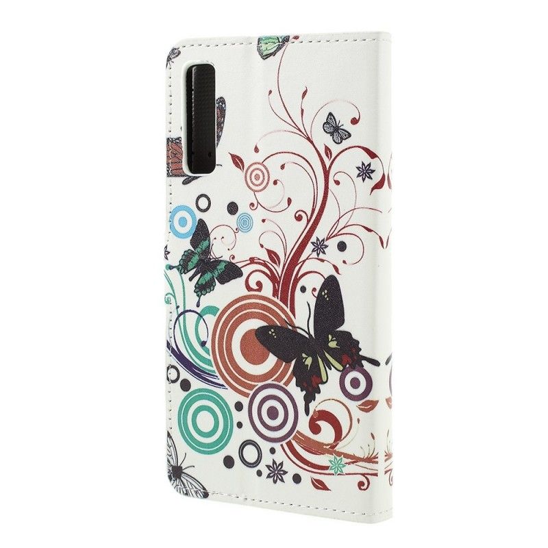 Flip Cover Læder Samsung Galaxy A7 Hvid Design Sommerfugle Og Blomster Beskyttelse