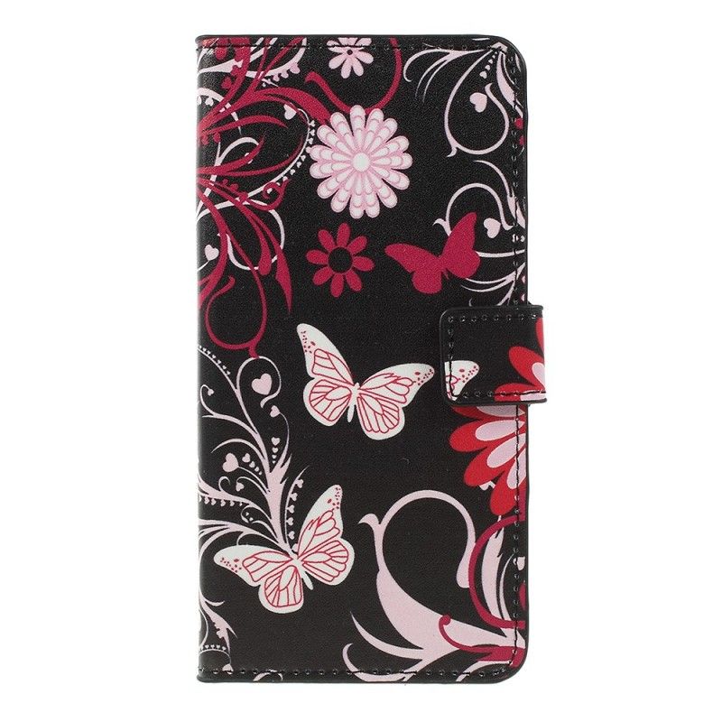 Flip Cover Læder Samsung Galaxy A7 Hvid Design Sommerfugle Og Blomster Beskyttelse