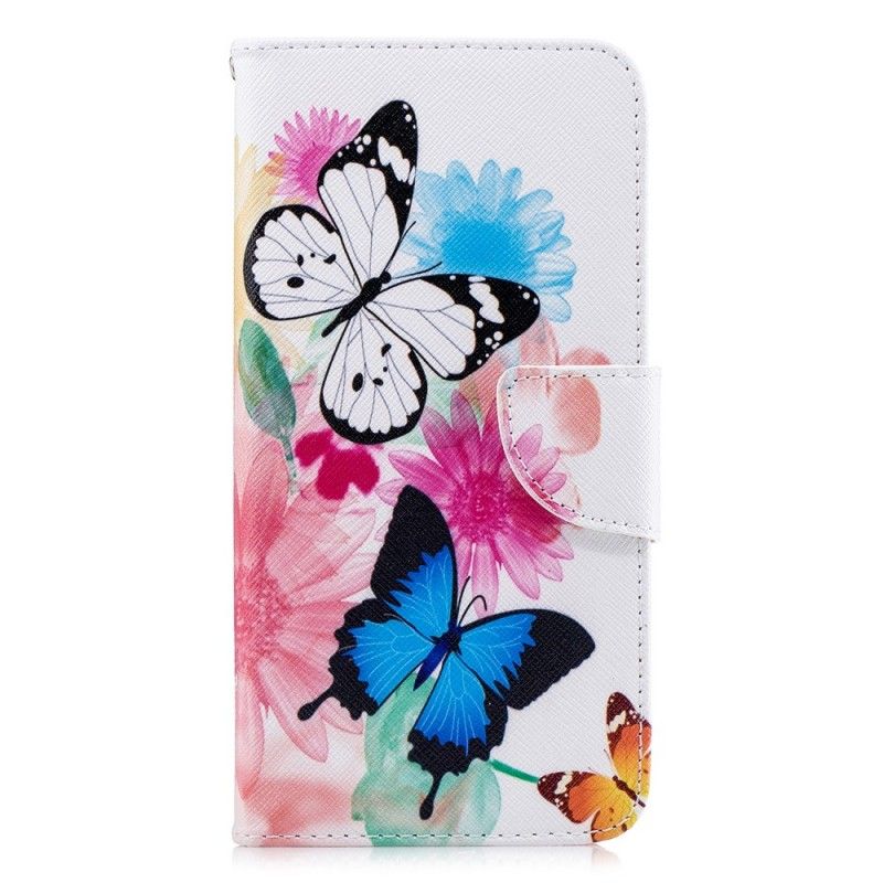 Flip Cover Samsung Galaxy A7 Lyserød Malede Sommerfugle Og Blomster