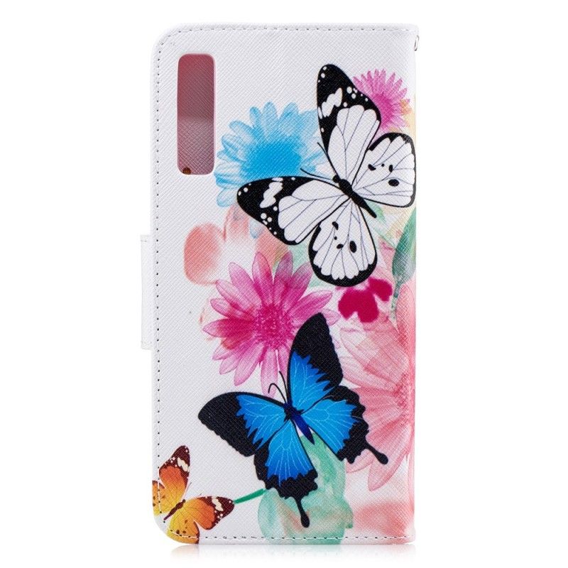 Flip Cover Samsung Galaxy A7 Lyserød Malede Sommerfugle Og Blomster