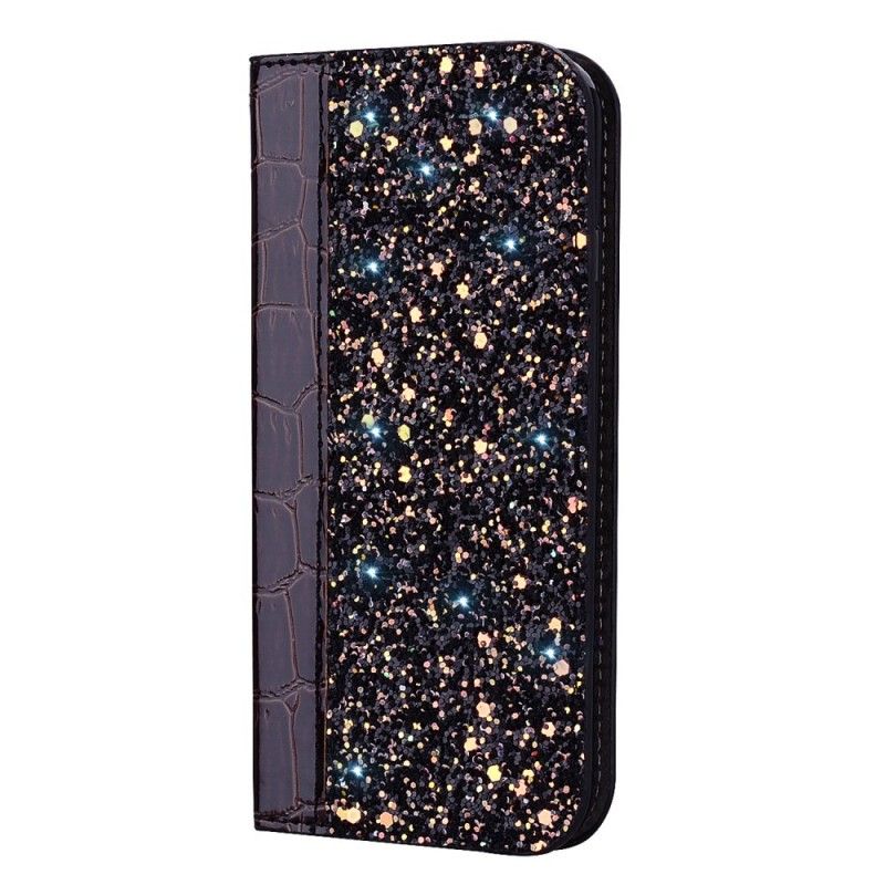 Læder Cover Samsung Galaxy A7 Sort Krokodillehud Og Glittereffekt