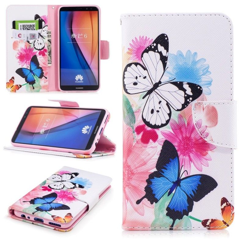 Flip Cover Huawei Mate 10 Lite Pink Malede Sommerfugle Og Blomster