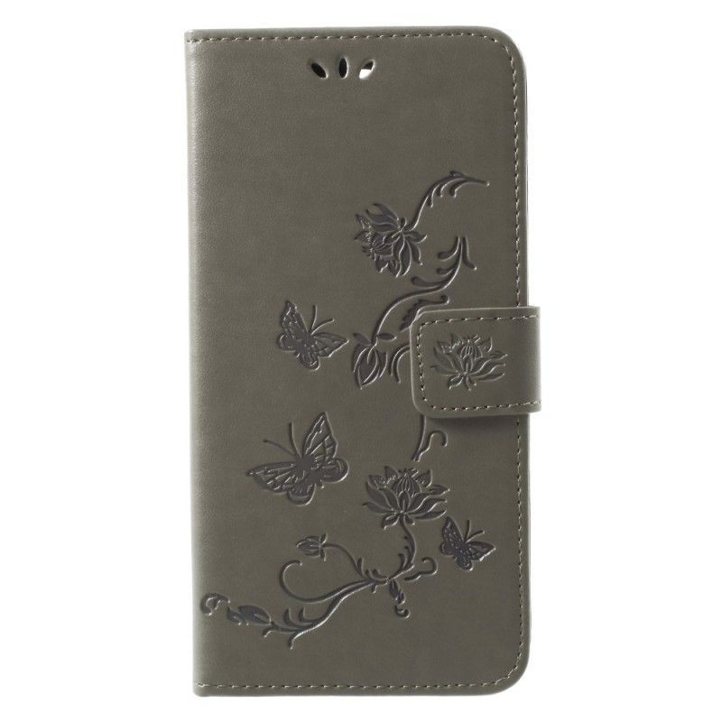 Flip Cover Læder Huawei Mate 10 Lite Sort Sommerfugle Og Tanga Blomster