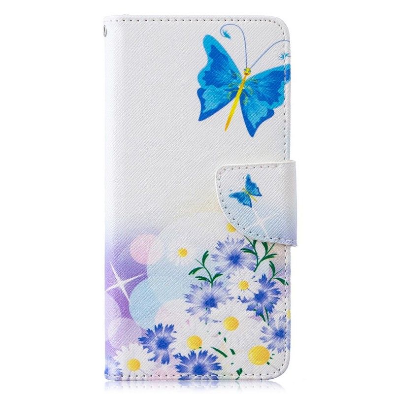 Flip Cover Læder Samsung Galaxy S10 Magenta Malede Sommerfugle Og Blomster