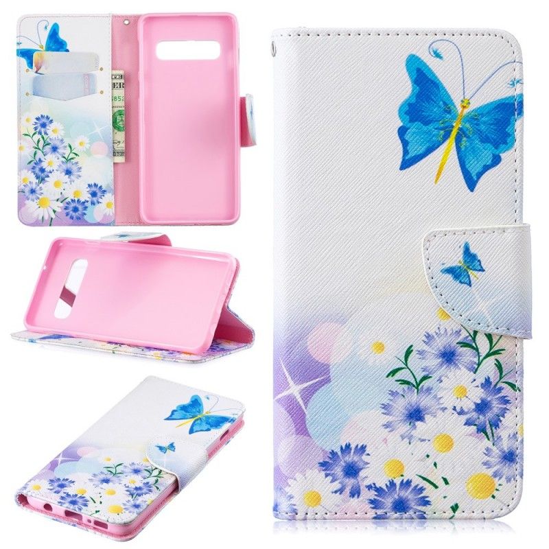 Flip Cover Læder Samsung Galaxy S10 Magenta Malede Sommerfugle Og Blomster