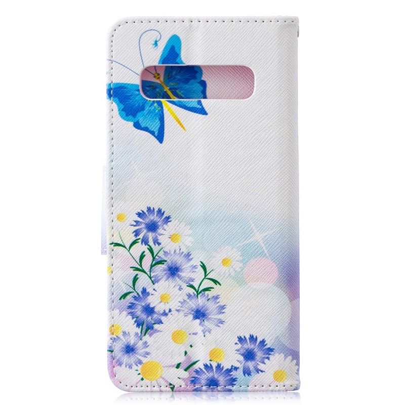 Flip Cover Læder Samsung Galaxy S10 Magenta Malede Sommerfugle Og Blomster