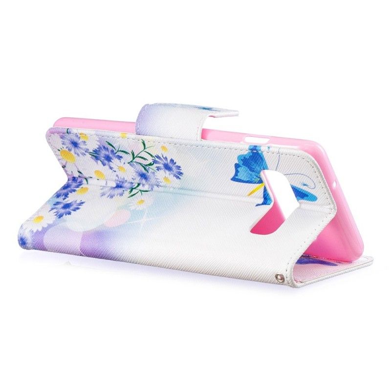 Flip Cover Læder Samsung Galaxy S10 Magenta Malede Sommerfugle Og Blomster