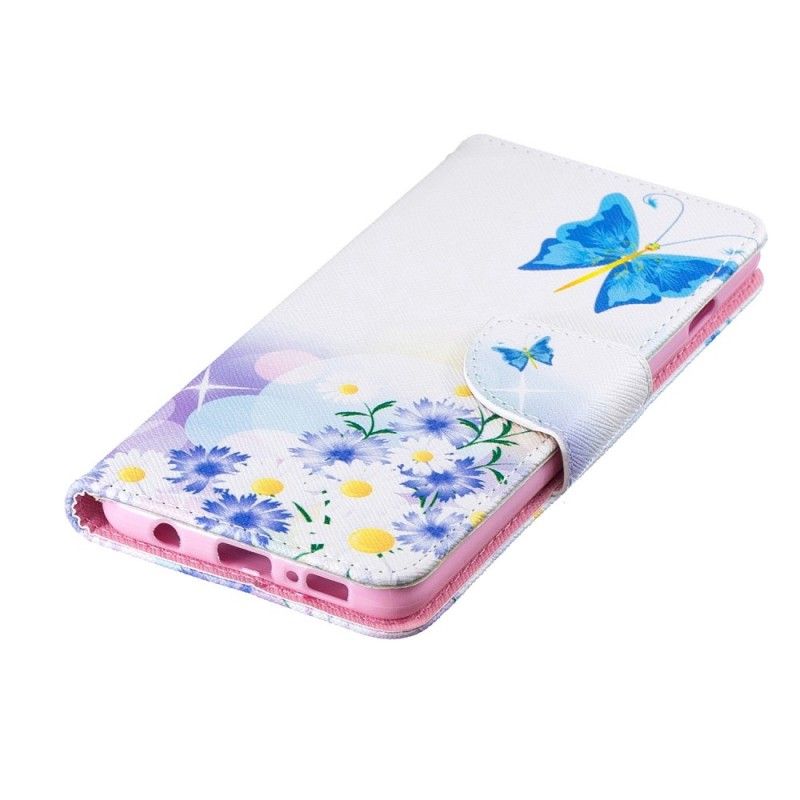 Flip Cover Læder Samsung Galaxy S10 Magenta Malede Sommerfugle Og Blomster