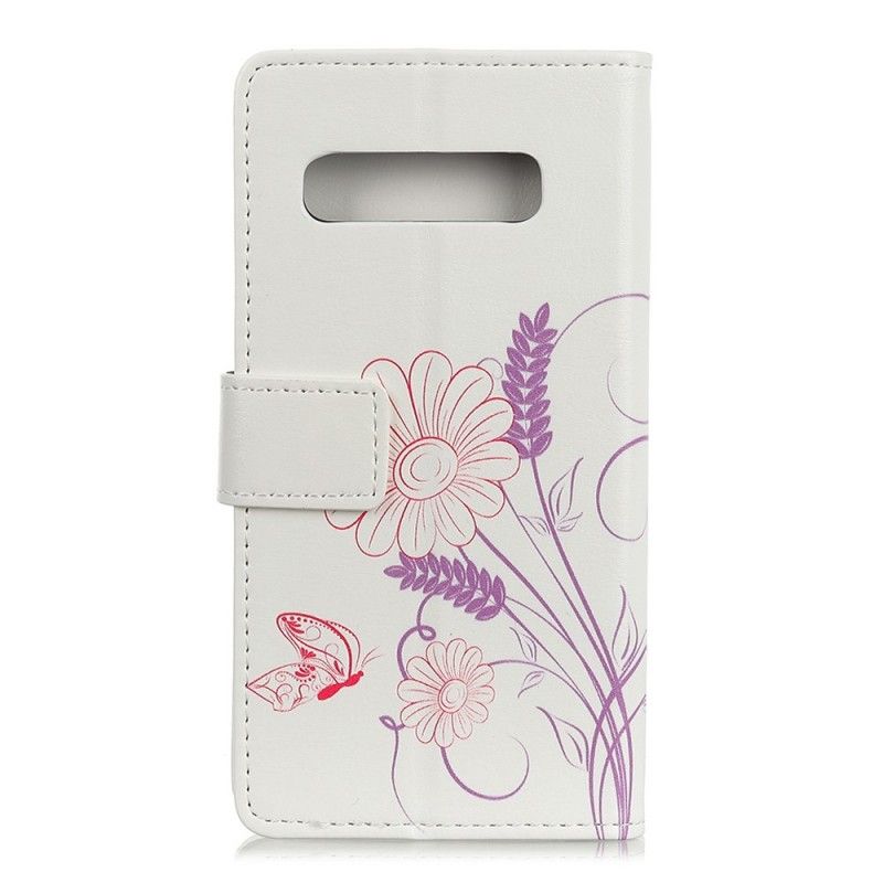 Flip Cover Læder Samsung Galaxy S10 Tegning Af Sommerfugle Og Blomster