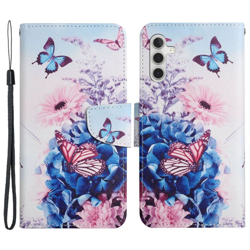 Flip Cover Samsung Galaxy A15 5g Lilla Sommerfugle Og Snor