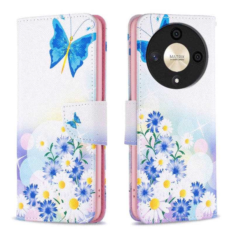 Flip Cover Honor X9b / Magic 6 Lite Sommerfugl Og Blomster Akvarel