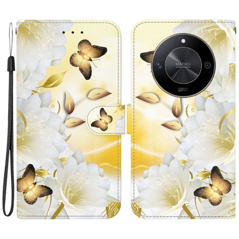 Læder Cover Honor X9b / Magic 6 Lite Telefon Etui Gyldne Sommerfugle Og Hvide Blomster Med Rem