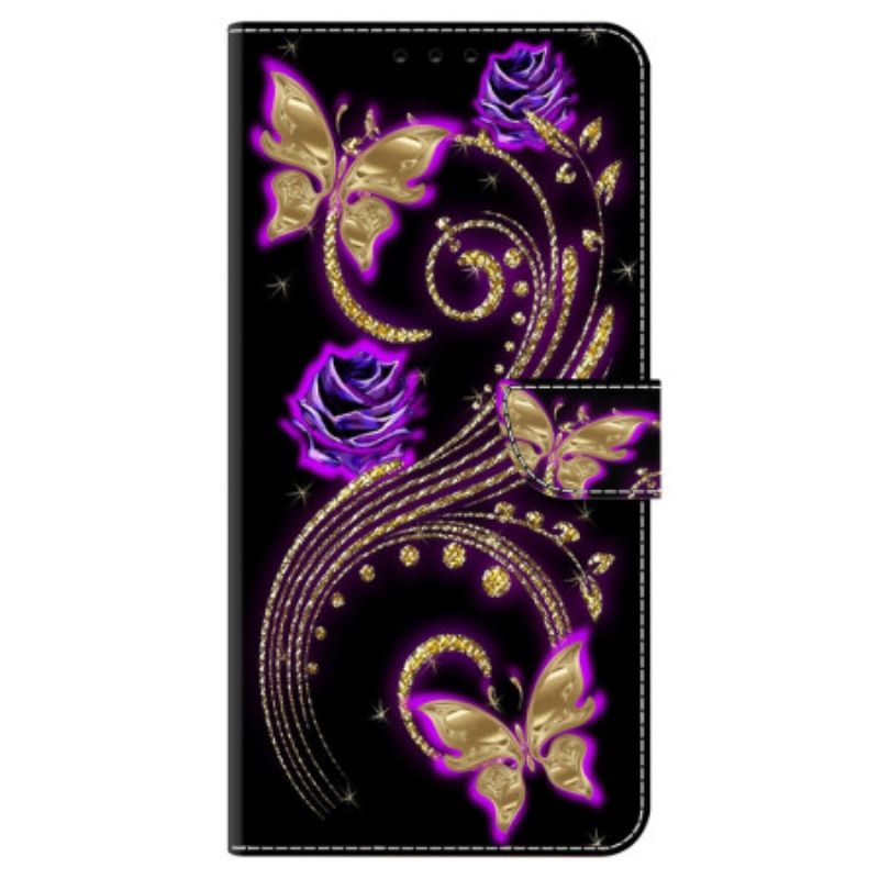 Læder Cover Honor X9b / Magic 6 Lite Telefon Etui Lilla Blomster Og Sommerfugle