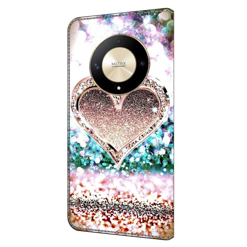 Læder Cover Honor X9b / Magic 6 Lite Telefon Etui Pink Diamond Heart