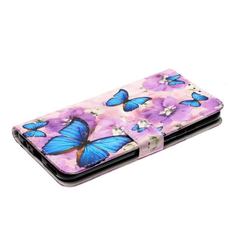 Flip Cover Læder for Huawei P Smart 2020 Blå Sommerfugle I Blomsterne