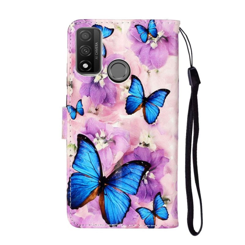 Flip Cover Læder for Huawei P Smart 2020 Blå Sommerfugle I Blomsterne