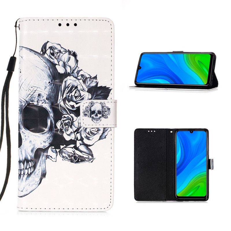 Flip Cover Læder Huawei P Smart 2020 Hvid Blomstret Kranium Original