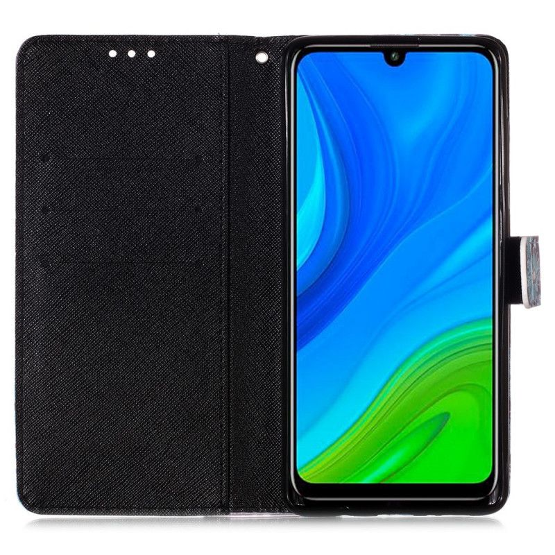 Flip Cover Læder Huawei P Smart 2020 Hvid Blomstret Kranium Original