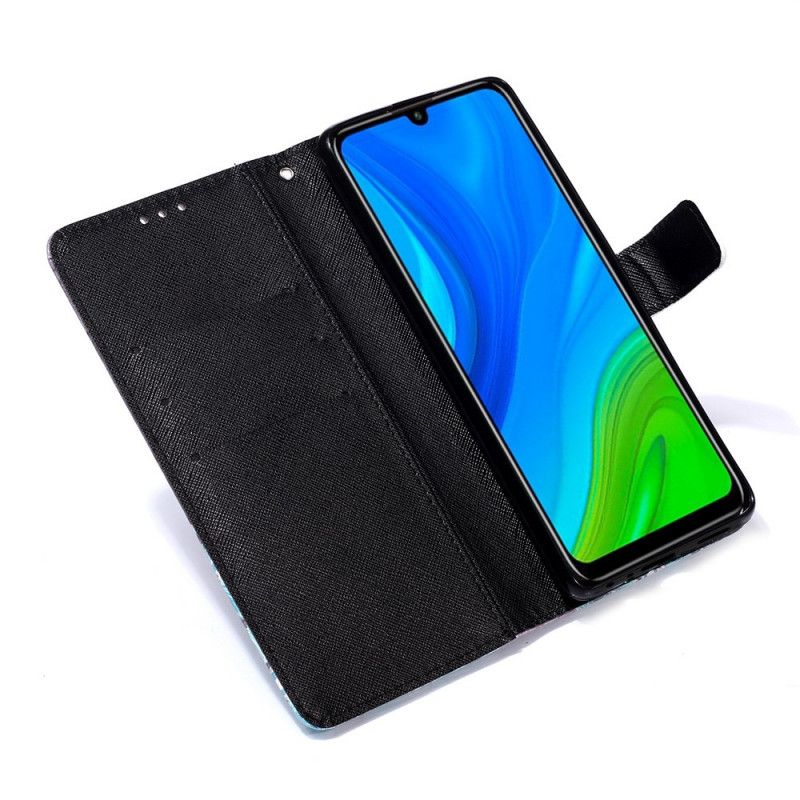 Flip Cover Læder Huawei P Smart 2020 Hvid Blomstret Kranium Original