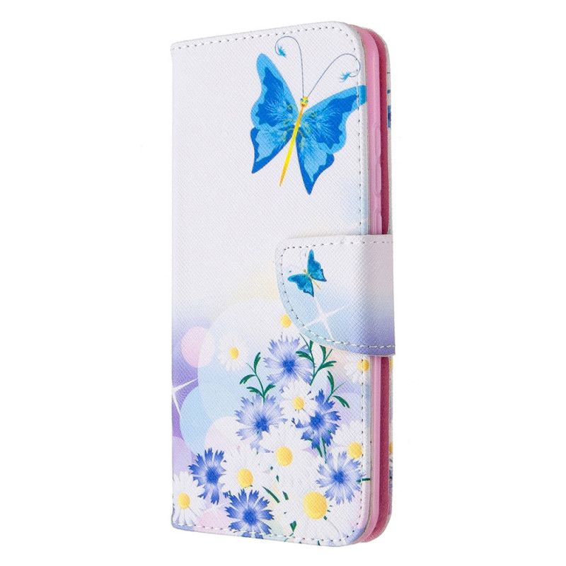 Flip Cover Læder Huawei P Smart 2020 Magenta Malede Sommerfugle Og Blomster Beskyttelse