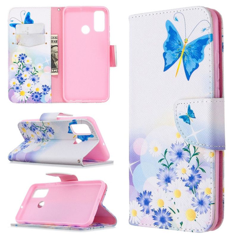 Flip Cover Læder Huawei P Smart 2020 Magenta Malede Sommerfugle Og Blomster Beskyttelse