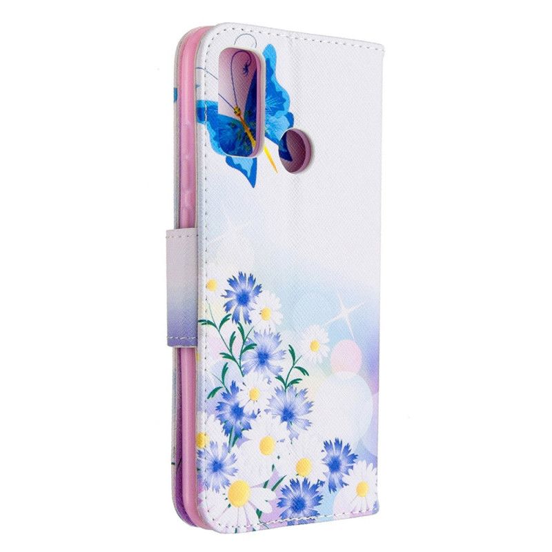 Flip Cover Læder Huawei P Smart 2020 Magenta Malede Sommerfugle Og Blomster Beskyttelse