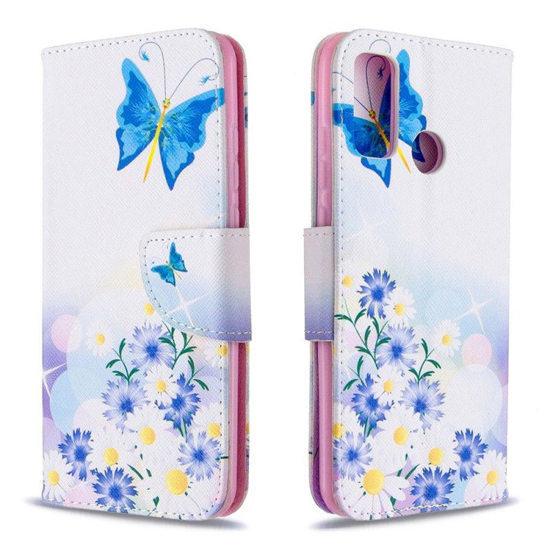 Flip Cover Læder Huawei P Smart 2020 Magenta Malede Sommerfugle Og Blomster Beskyttelse