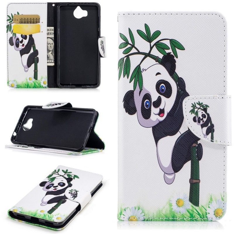 Flip Cover Læder for Huawei Y6 2017 Panda På Bambus