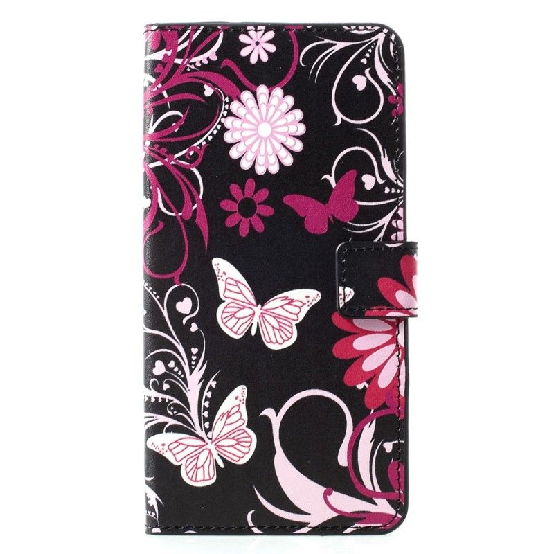 Flip Cover Huawei P30 Pro Sort Sommerfugle Og Blomster