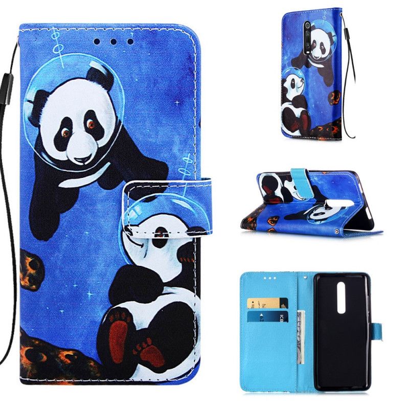 Flip Cover Læder Xiaomi Mi 9T / Mi 9T Pro Pandas Kosmonauter Med Rem