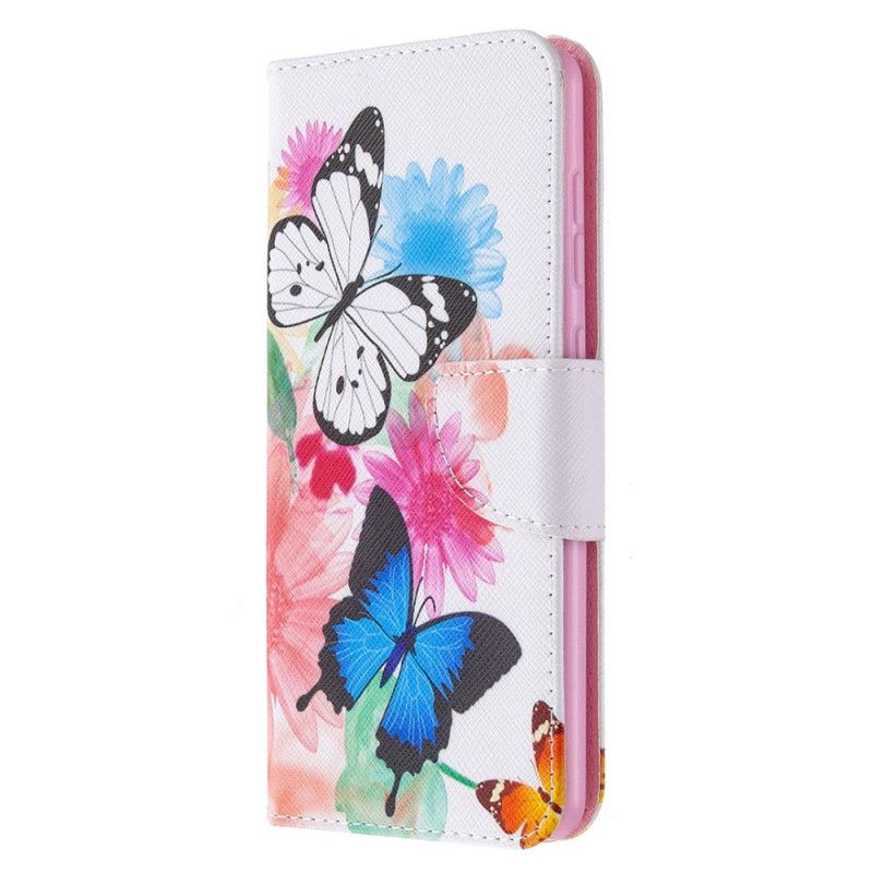 Flip Cover Læder for Samsung Galaxy A31 Magenta Malede Sommerfugle Og Blomster