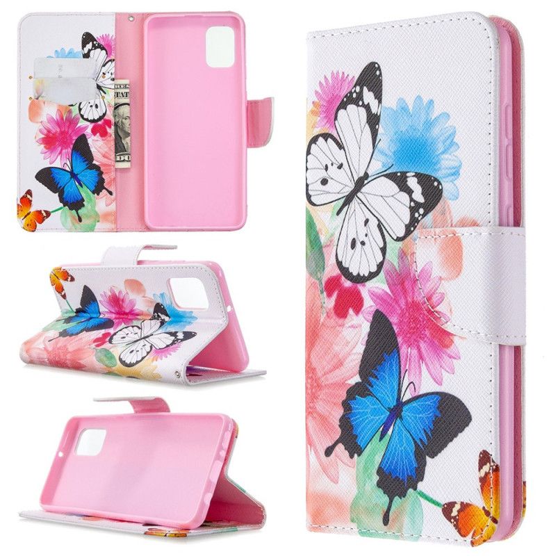 Flip Cover Læder for Samsung Galaxy A31 Magenta Malede Sommerfugle Og Blomster