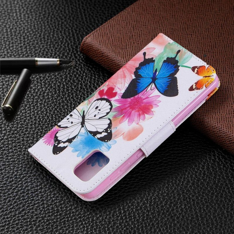 Flip Cover Læder for Samsung Galaxy A31 Magenta Malede Sommerfugle Og Blomster