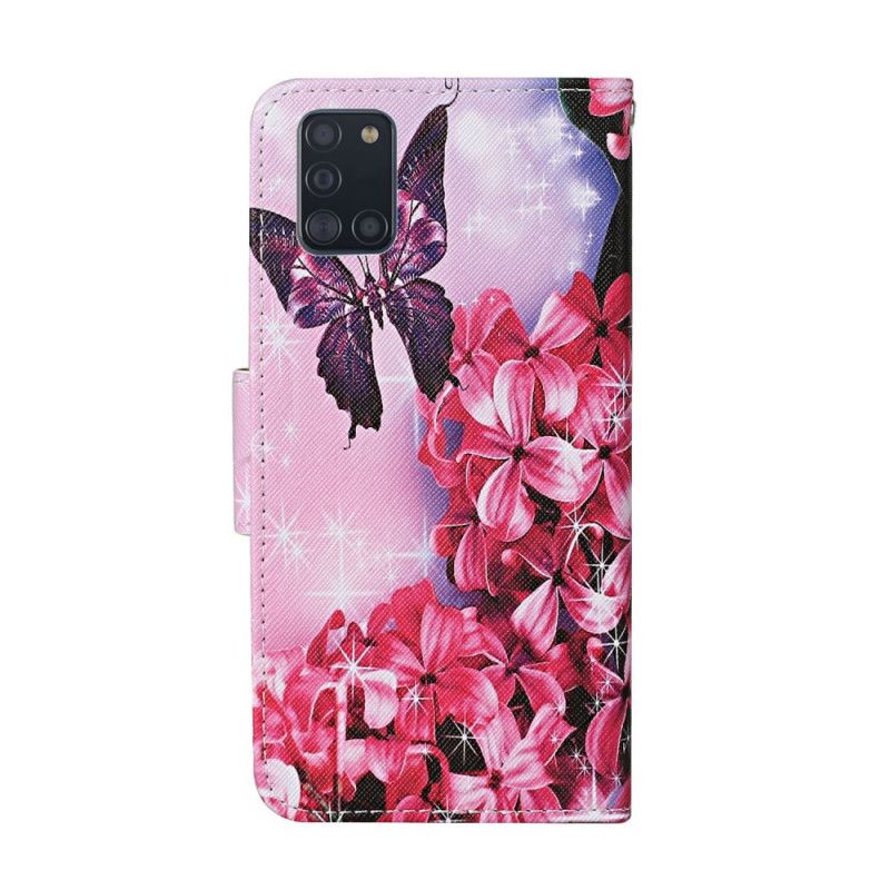 Flip Cover Læder for Samsung Galaxy A31 Magenta Sommerfugle Med Stropper