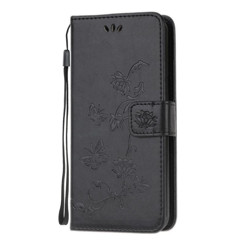 Flip Cover Læder Samsung Galaxy A31 Sort Sommerfugle Og G-Streng Blomster