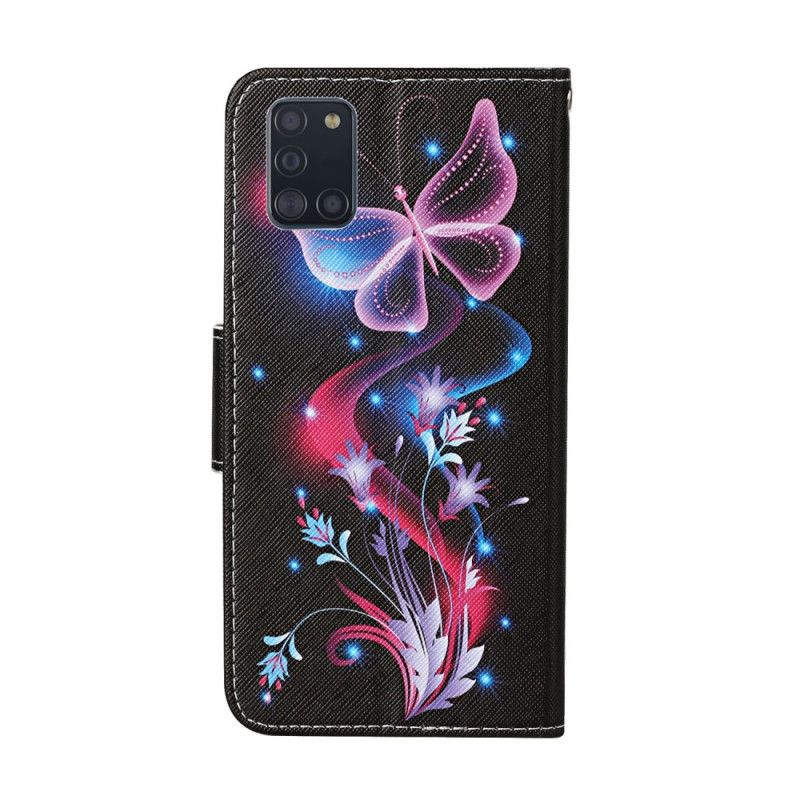 Flip Cover Læder Samsung Galaxy A31 Sort Sommerfugle Og Rem Original