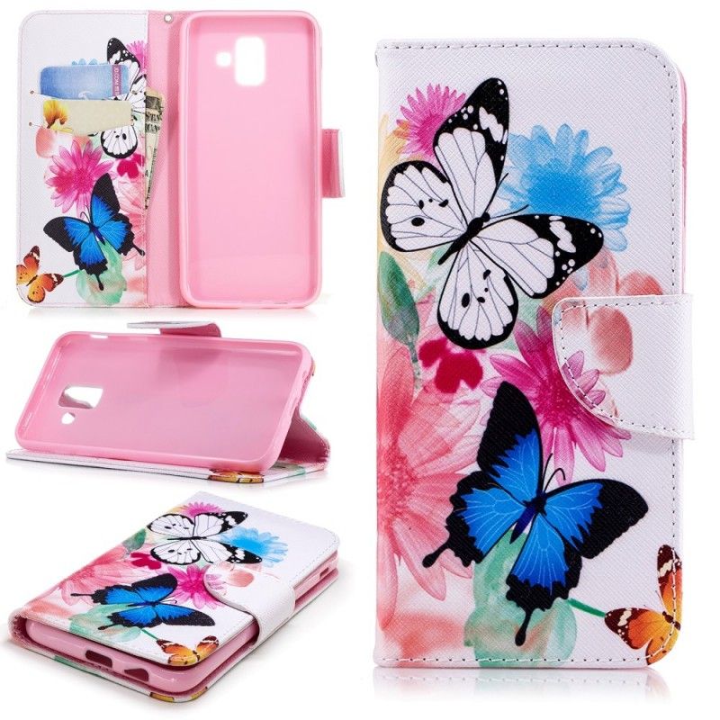 Flip Cover Samsung Galaxy A6 Pink Malede Sommerfugle Og Blomster