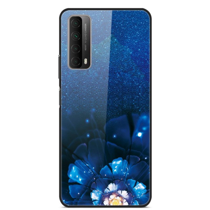 Cover for Huawei P Smart 2021 Mørkeblå Fancy Blomster I Hærdet Glas