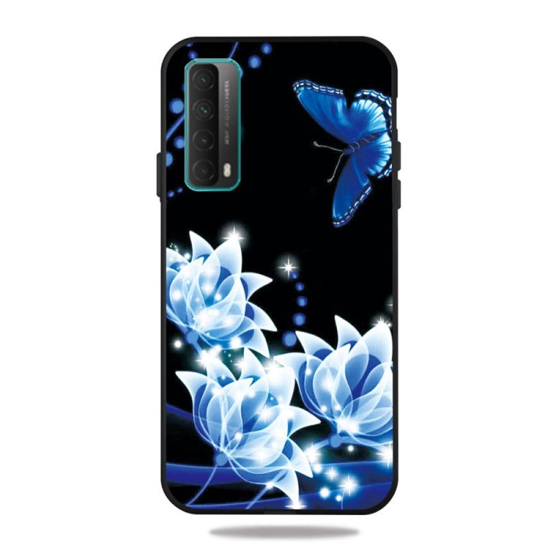 Cover Huawei P Smart 2021 Mobilcover Sommerfugl Og Blå Blomster