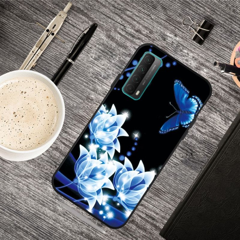 Cover Huawei P Smart 2021 Mobilcover Sommerfugl Og Blå Blomster