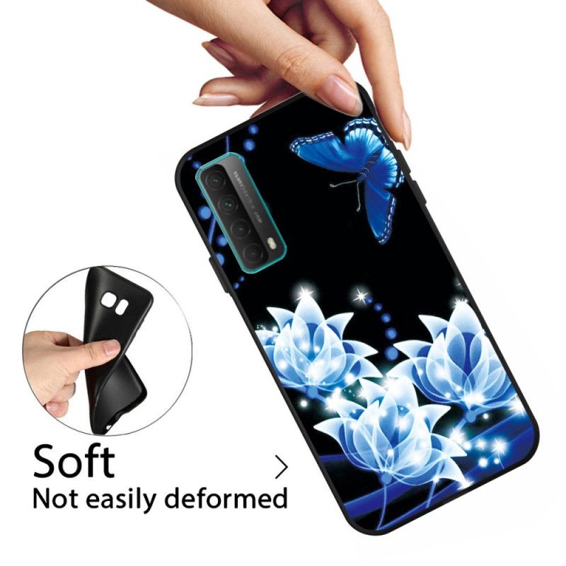 Cover Huawei P Smart 2021 Mobilcover Sommerfugl Og Blå Blomster