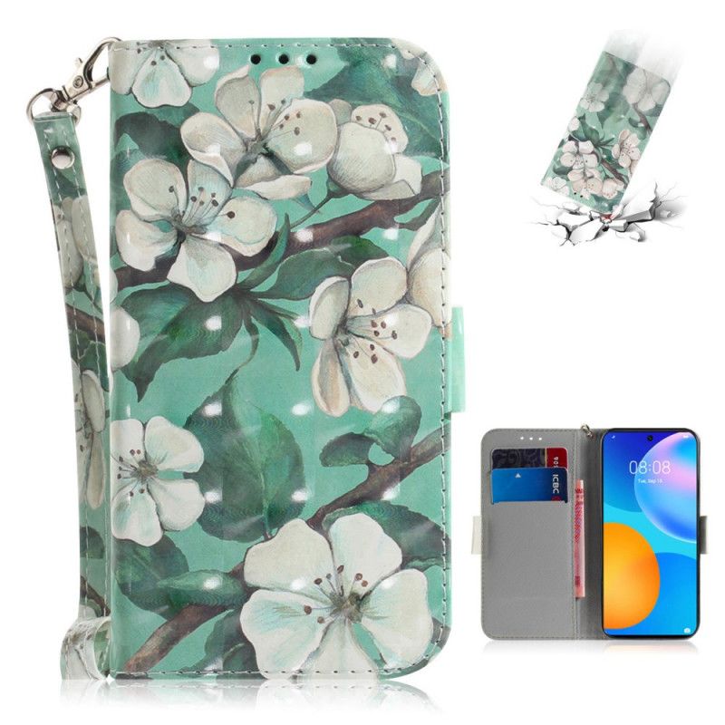 Flip Cover Læder for Huawei P Smart 2021 Blomstrende Gren Med Rem