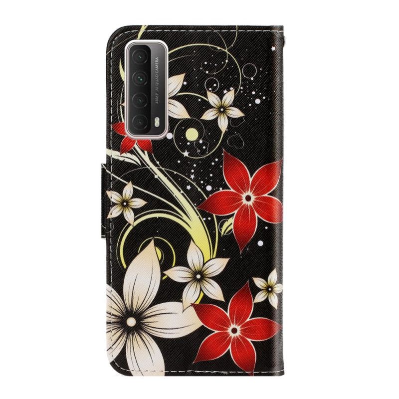 Flip Cover Læder for Huawei P Smart 2021 Sort Farverige Stringblomster