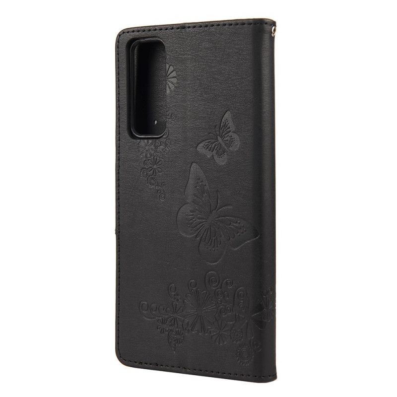 Flip Cover Læder for Huawei P Smart 2021 Sort Pragtfulde String Sommerfugle