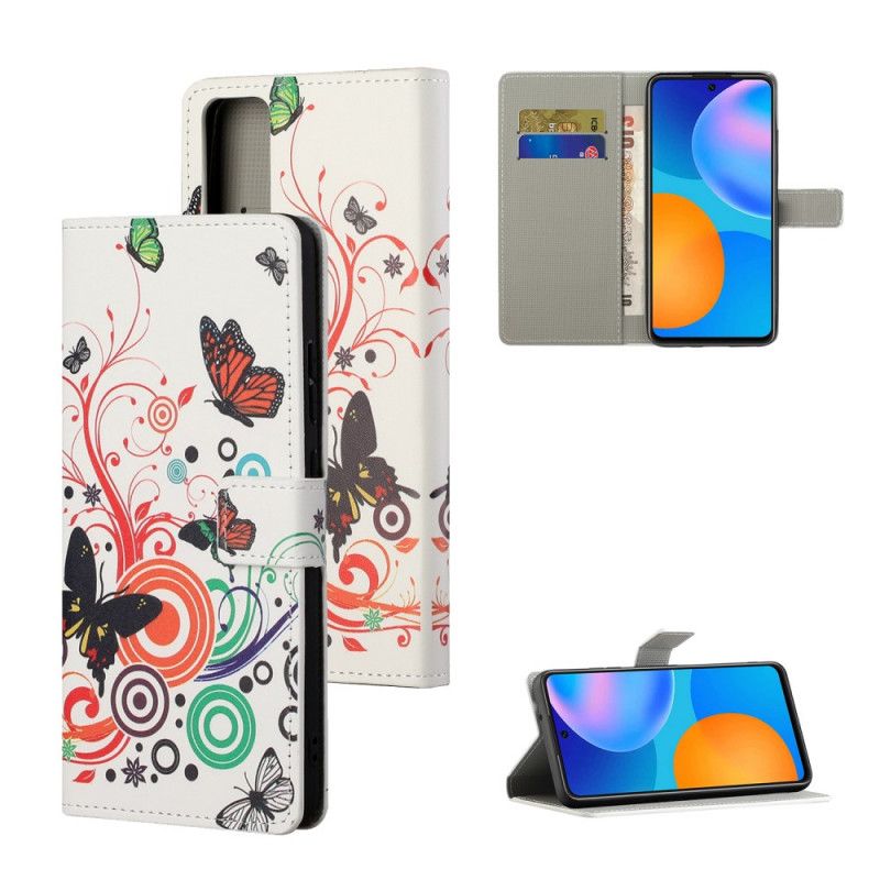 Flip Cover Læder for Huawei P Smart 2021 Sort Sommerfugle Og Blomster