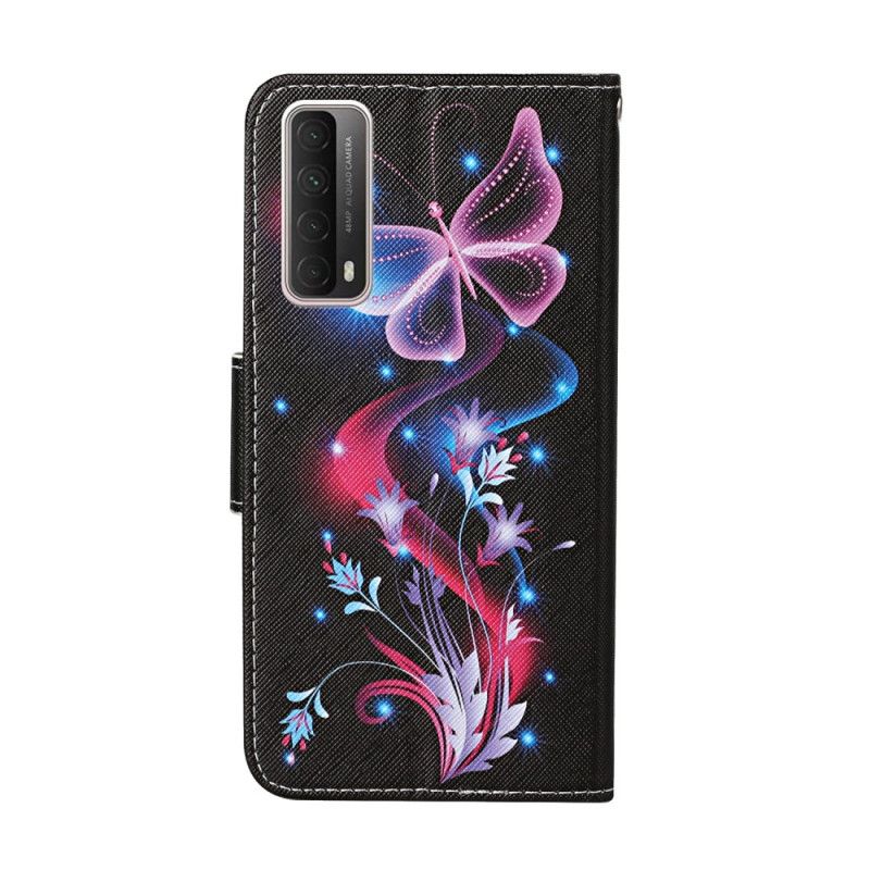 Flip Cover Læder for Huawei P Smart 2021 Sort Sommerfugle Og Rem