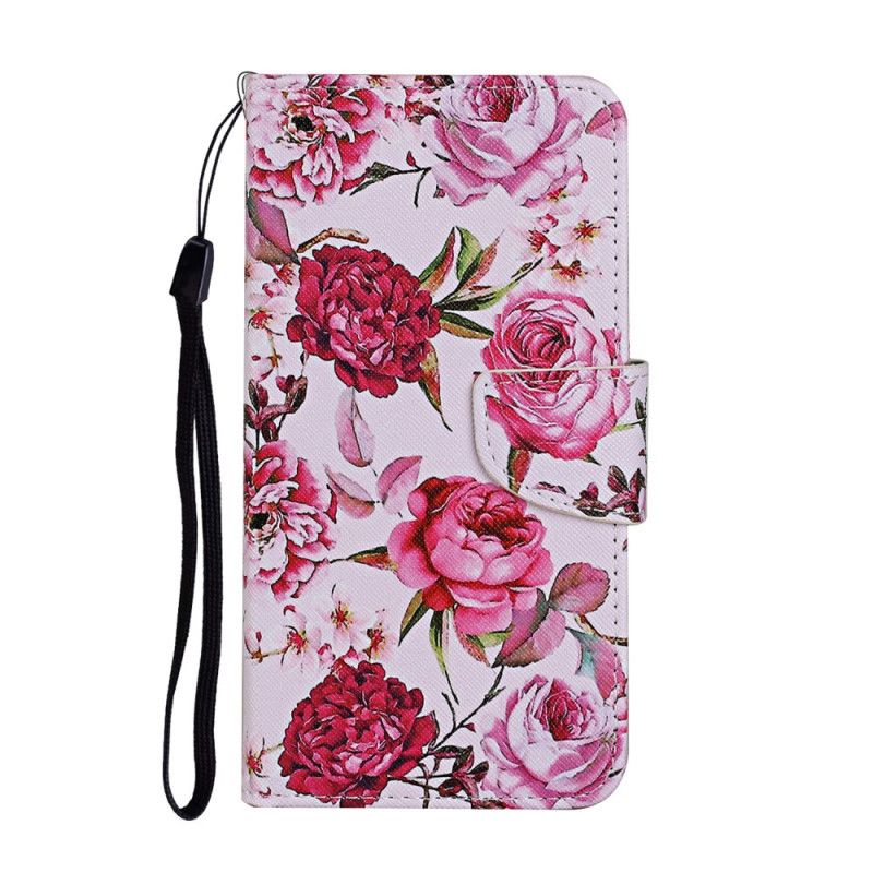 Flip Cover Læder Huawei P Smart 2021 Magenta Mesterlige Blomster Med Rem