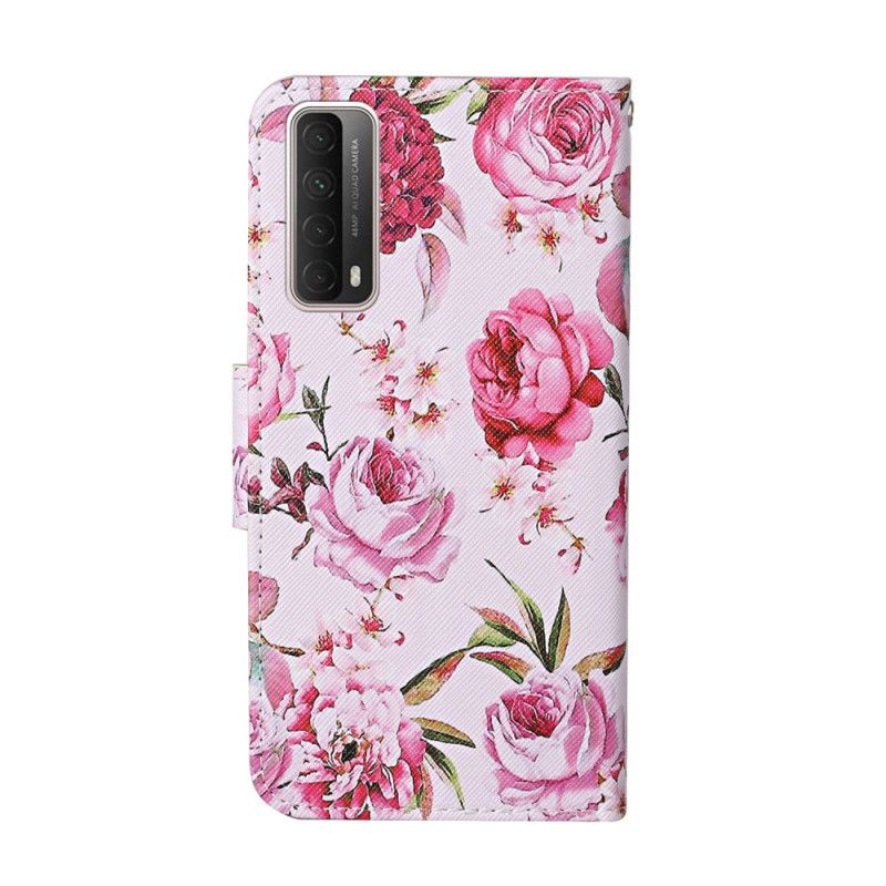 Flip Cover Læder Huawei P Smart 2021 Magenta Mesterlige Blomster Med Rem