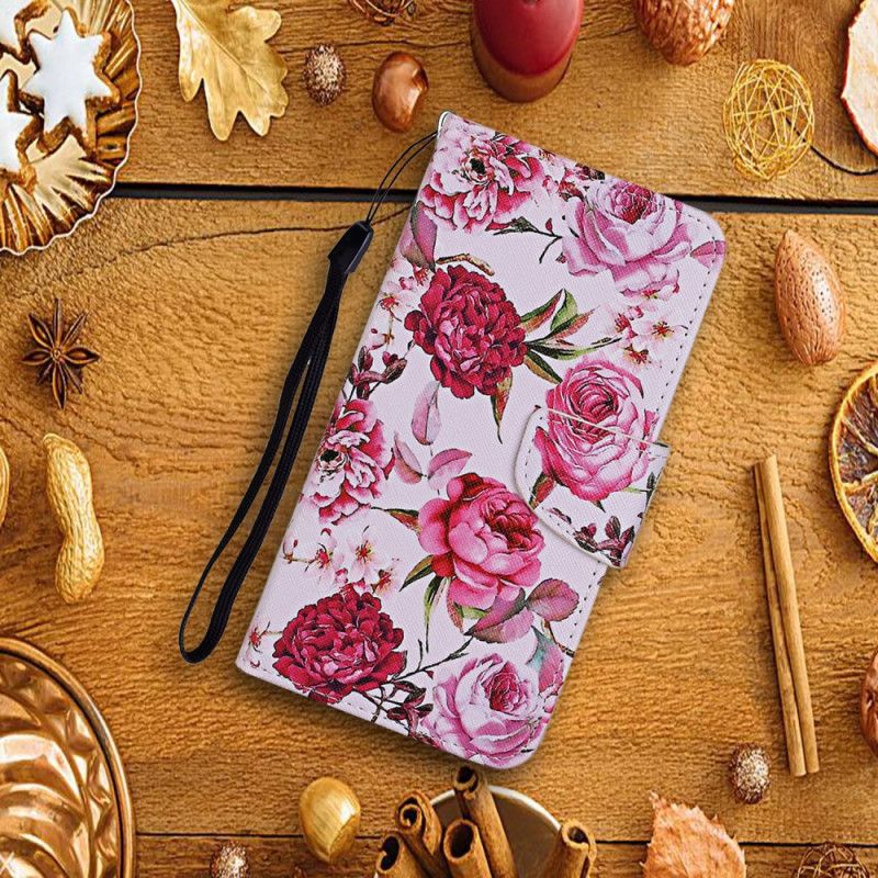 Flip Cover Læder Huawei P Smart 2021 Magenta Mesterlige Blomster Med Rem